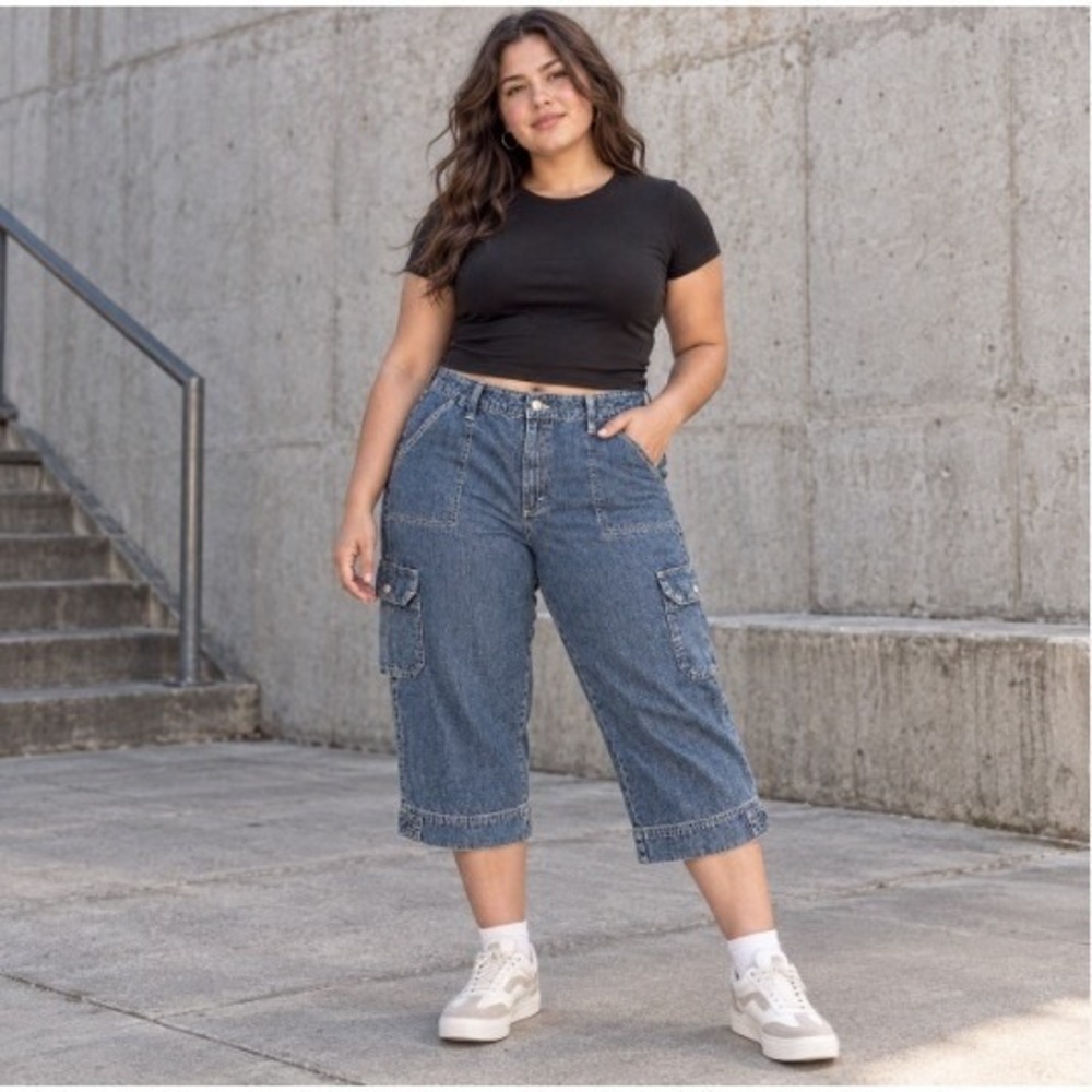 Riders by Lee Womens 18M Denim Cargo Capri Pants Y2K Utility Blue Cotton